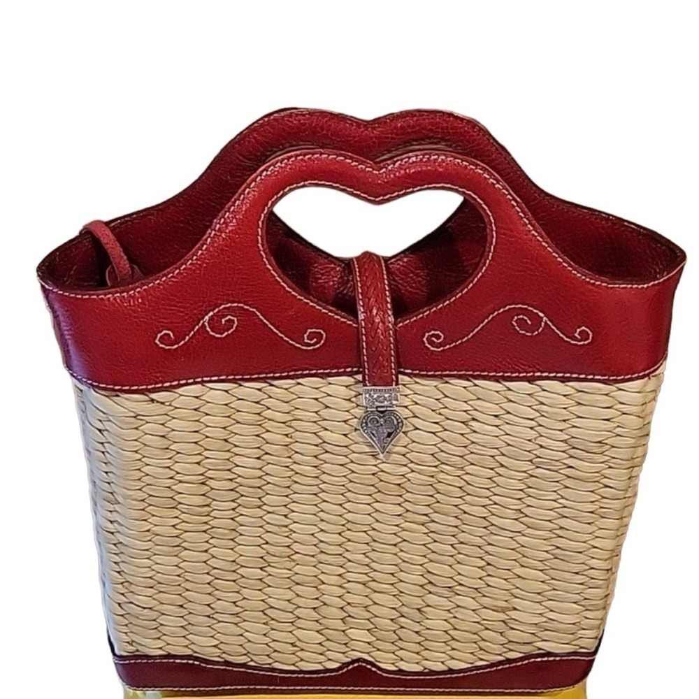 Brighton Straw & Red Leather Top Stitch Bucket Handbag Shoulder Strap Cr